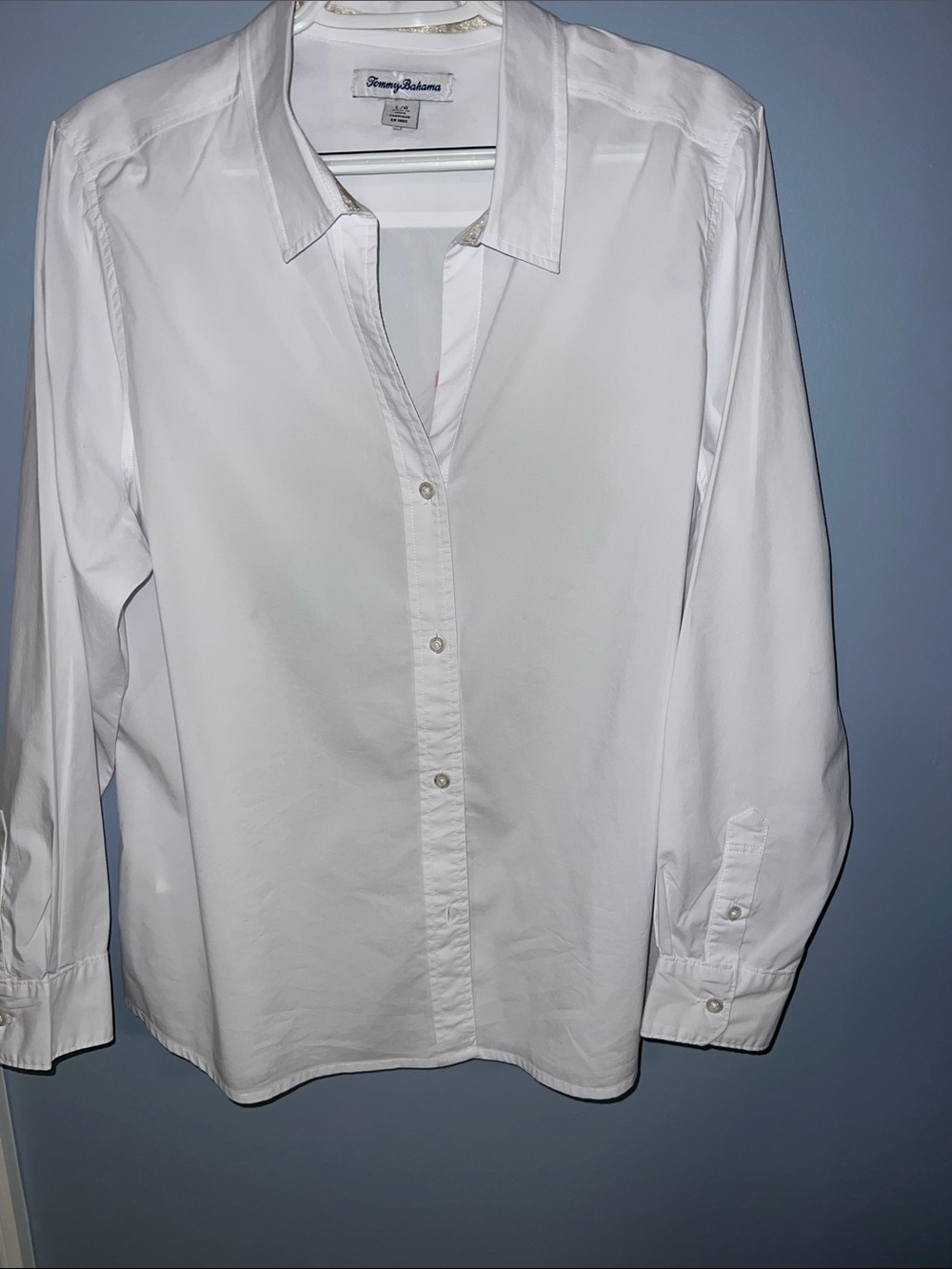 Tommy Bahama White Long-Sleeve Button-Down Shirt with tropical design on back.